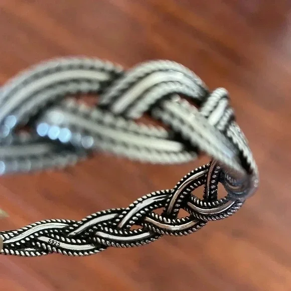 925 Sterling Silver Braided Modern Twist Cuff Bracelet Silver Bangle Bracelet - Picture 6 of 6